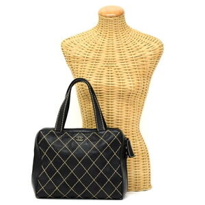 CHANEL Wild Stitch Handbag Calfskin Leather Coco Mark Tote Bag Black